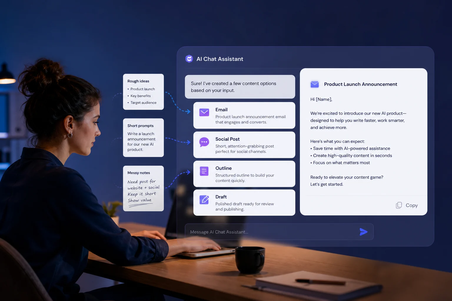 AI chat assistant writing workflow turning rough ideas into usable drafts