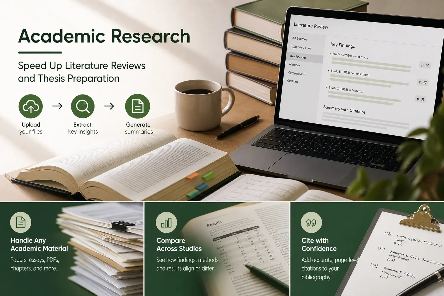Researcher reviews multiple papers while AI ChatPDF extracts methods and cited findings