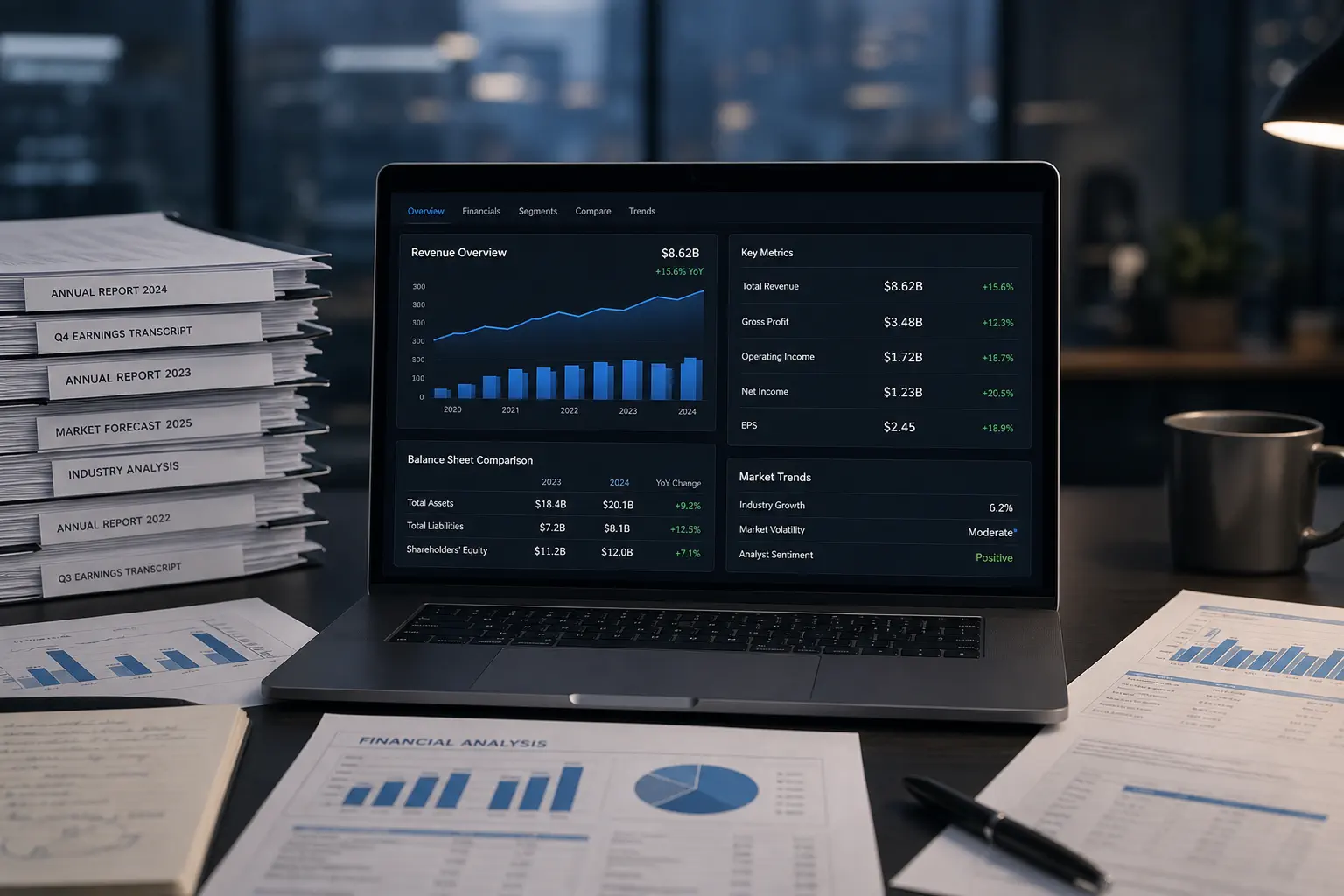 Analyst uses PDF financial reports to compare revenue metrics and market trend charts