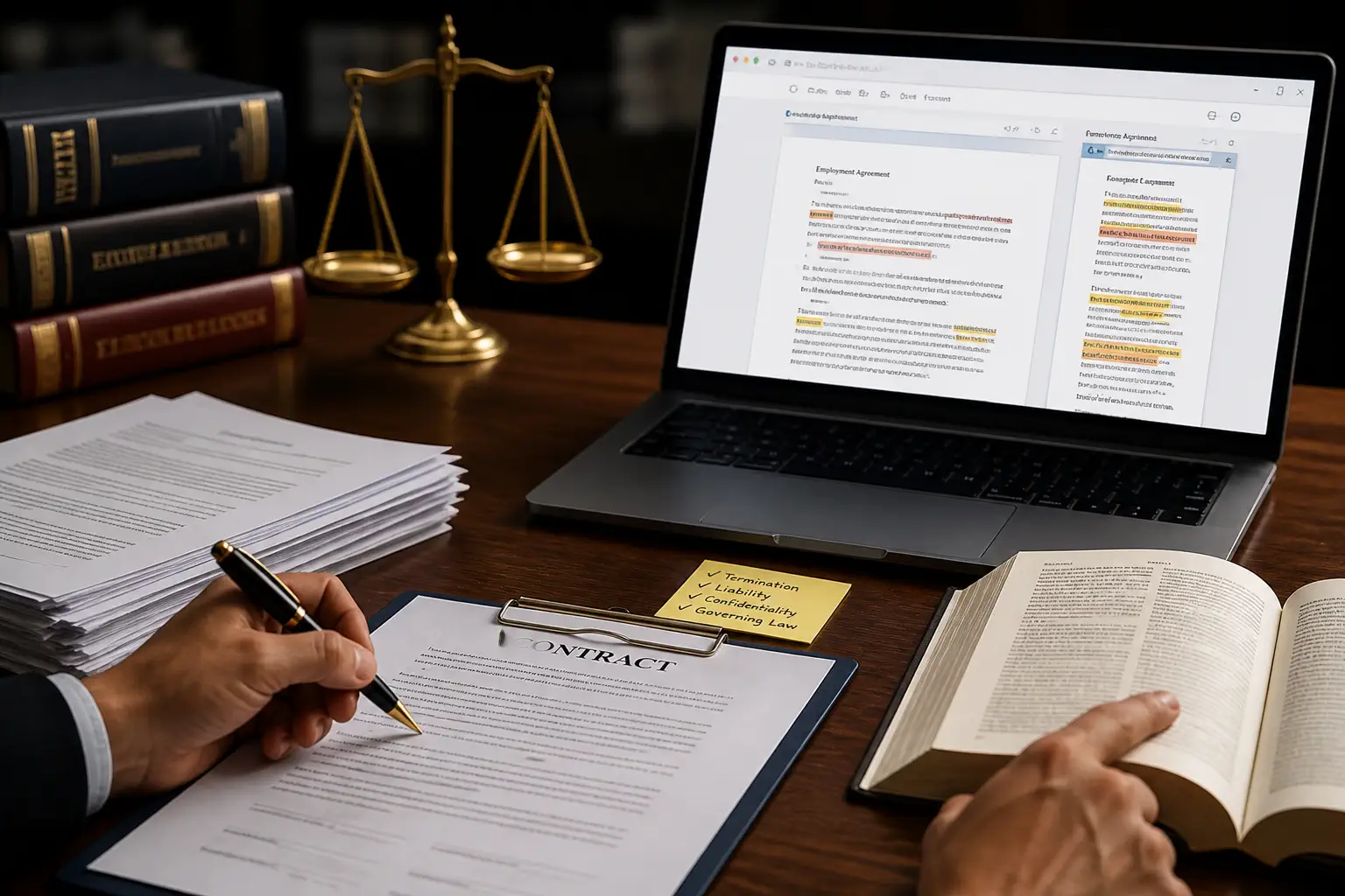 Contract clauses are highlighted for legal review with verifiable PDF source references
