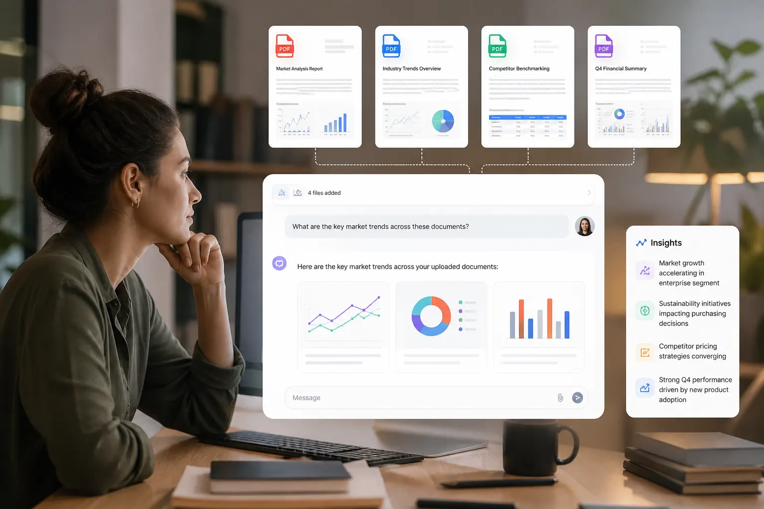 Multiple PDF reports feed one chat where cross-document trends are summarized visually