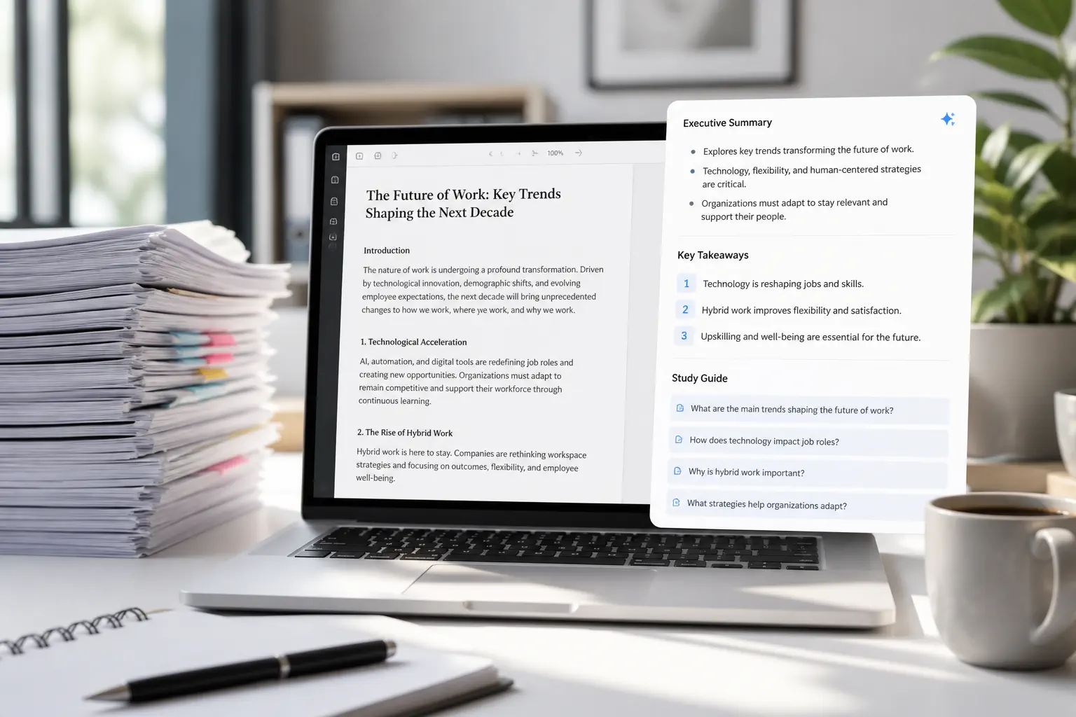 Laptop shows a long PDF with an executive summary, key takeaways, and study questions