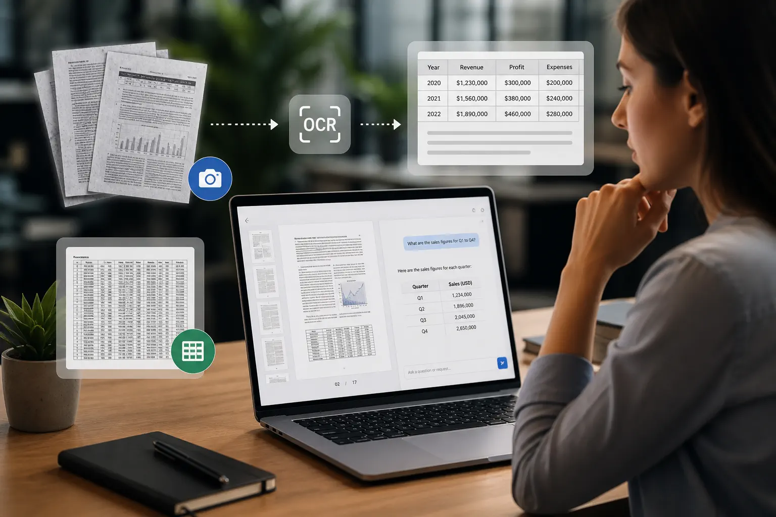 OCR workflow converts scanned PDF pages and tables into readable extracted data