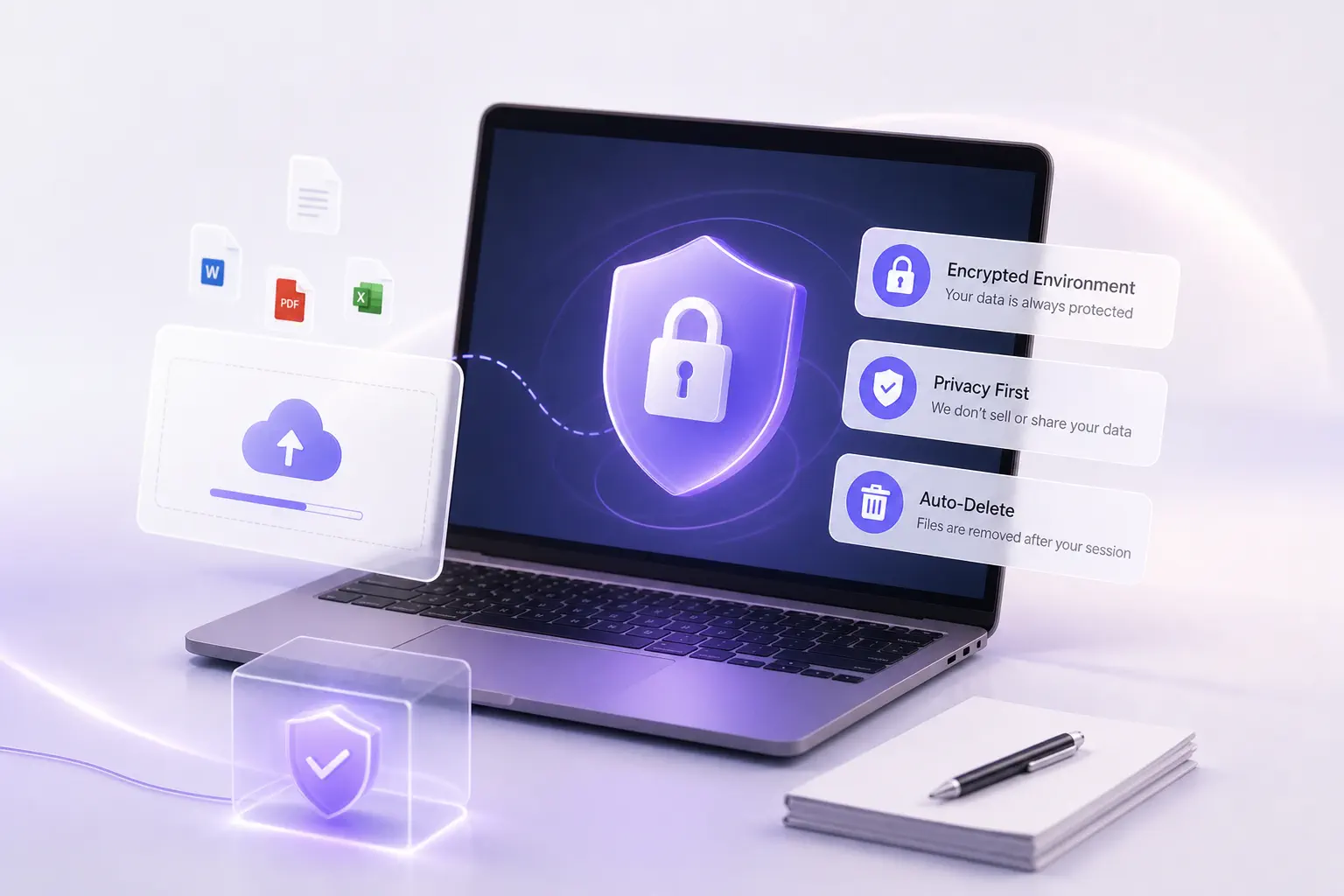 Secure upload interface shows encrypted PDF processing, privacy controls, and auto-delete
