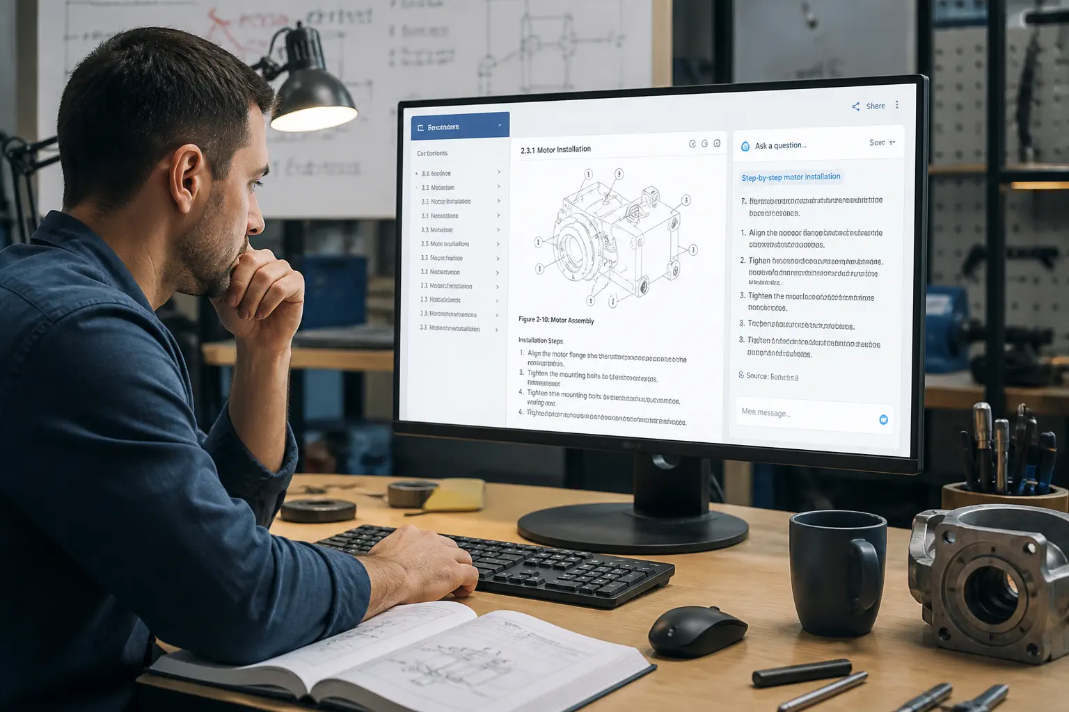 Technician asks a PDF manual question and receives setup steps tied to diagrams