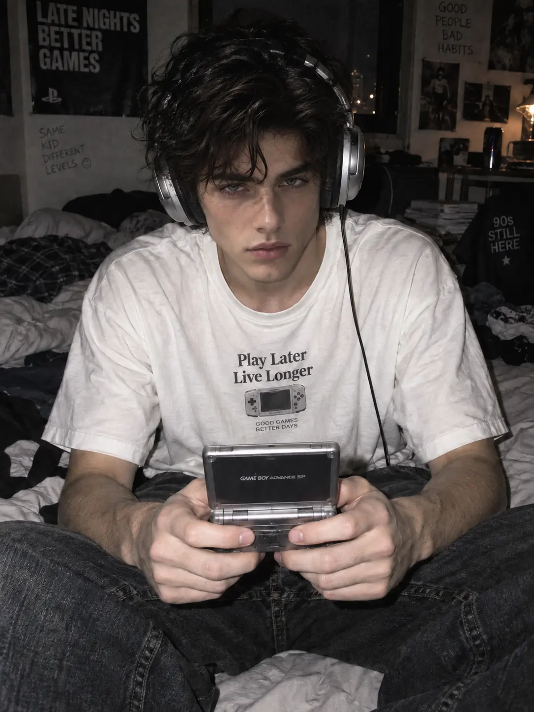 Seated gamer portrait after the new face is matched to the pose and room lighting