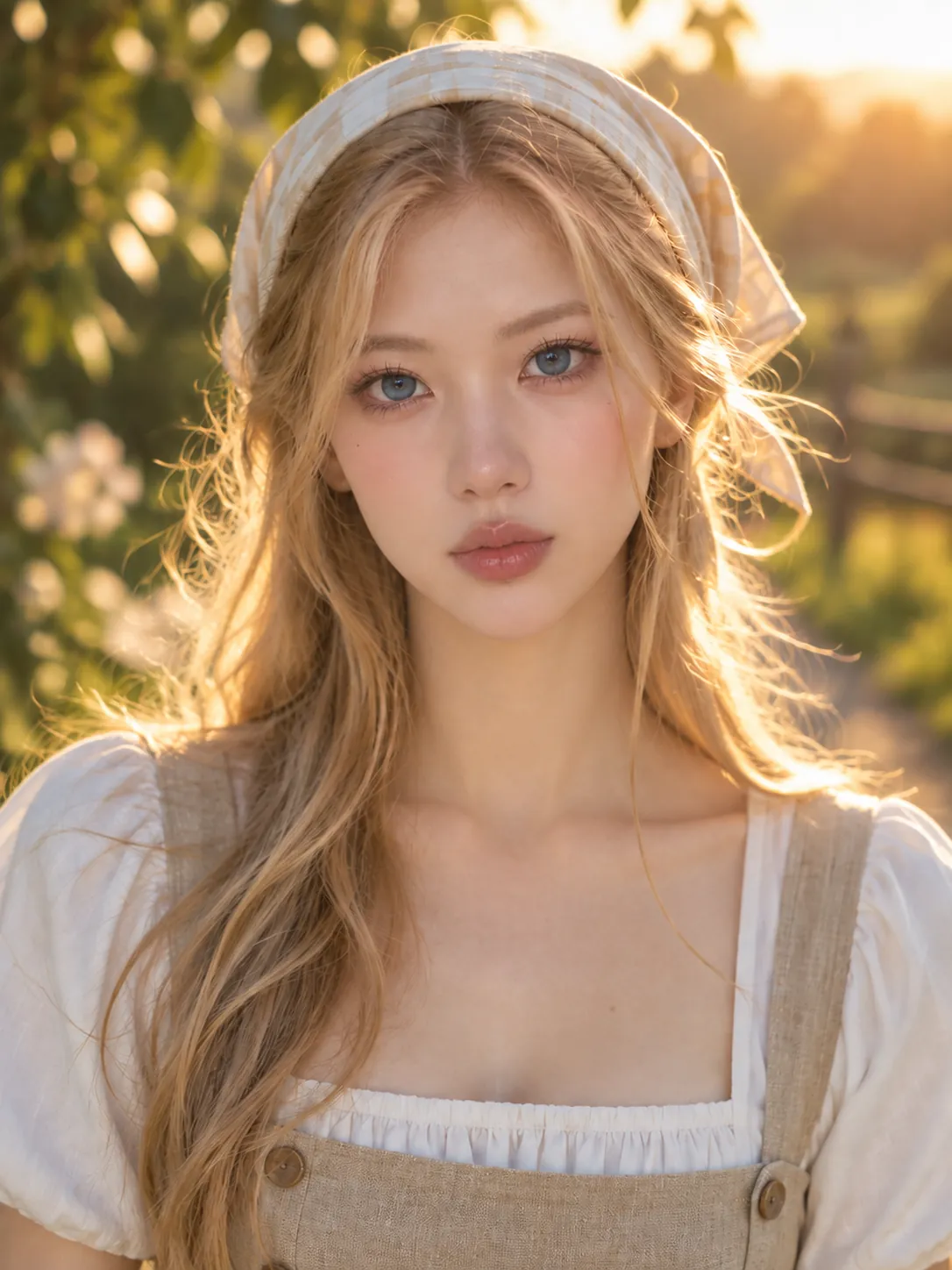 Blonde woman in a garden after the replacement face is blended with the scene