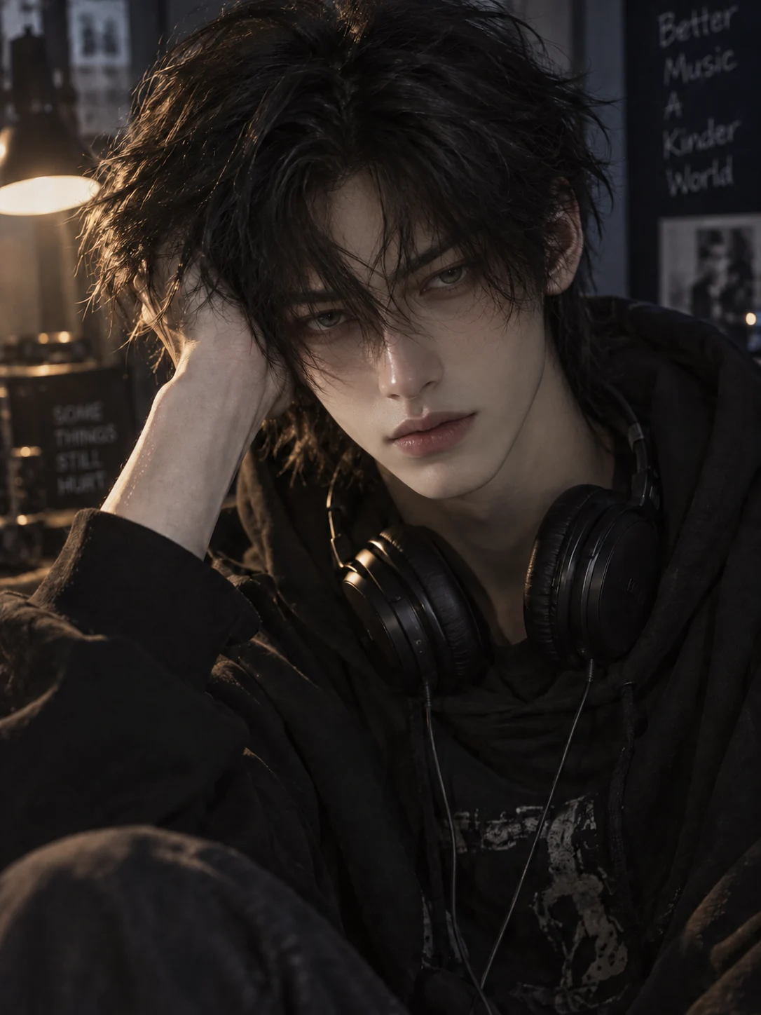 Dark-haired man wearing headphones after the replacement face is blended into the portrait