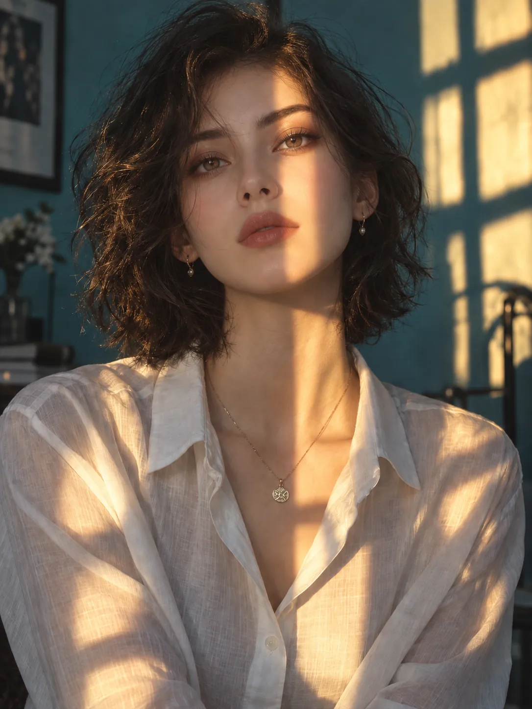 Woman in warm window light after the reference face is blended into the portrait