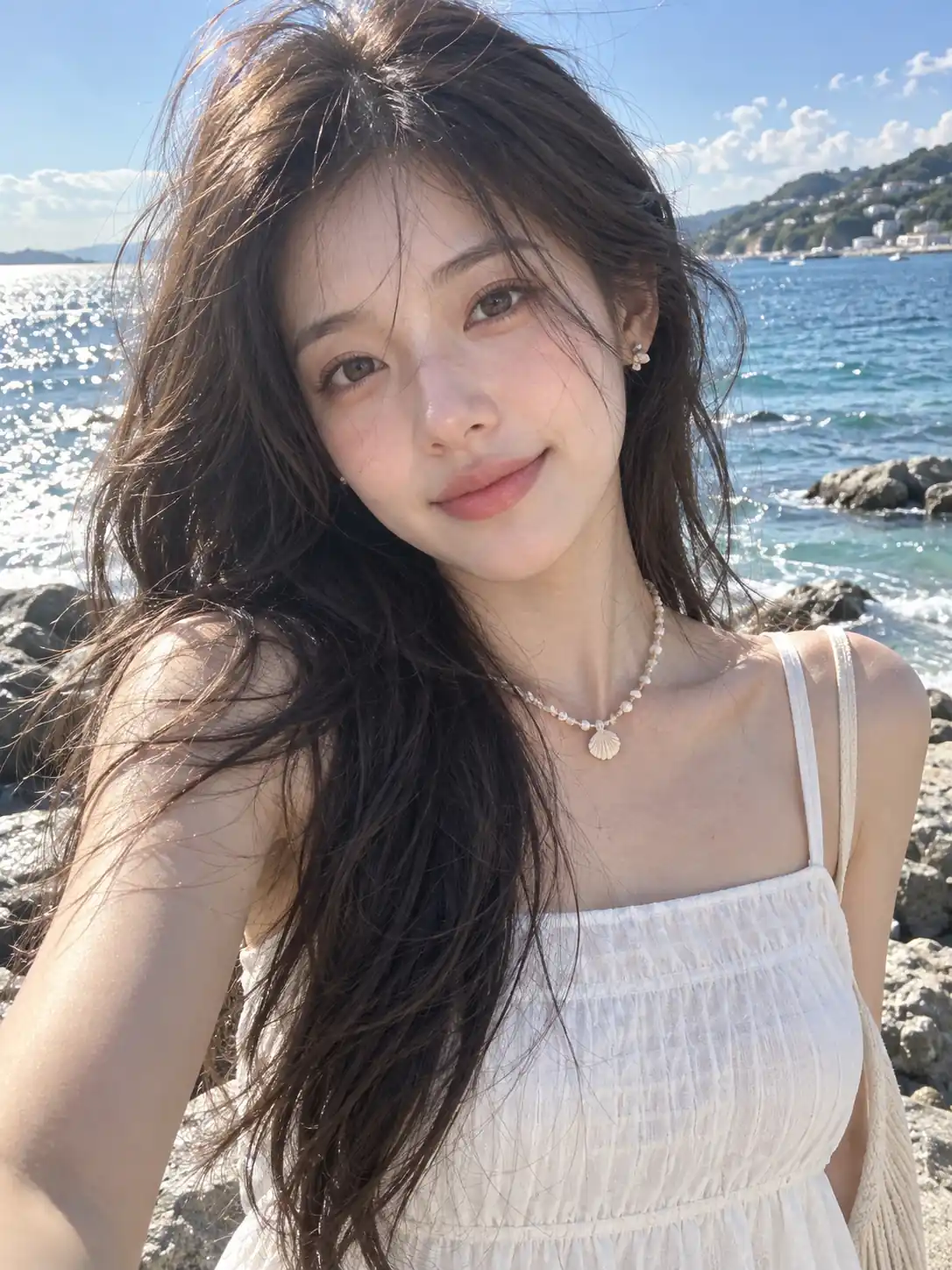 Original outdoor portrait of a woman beside the sea before an AI face swap