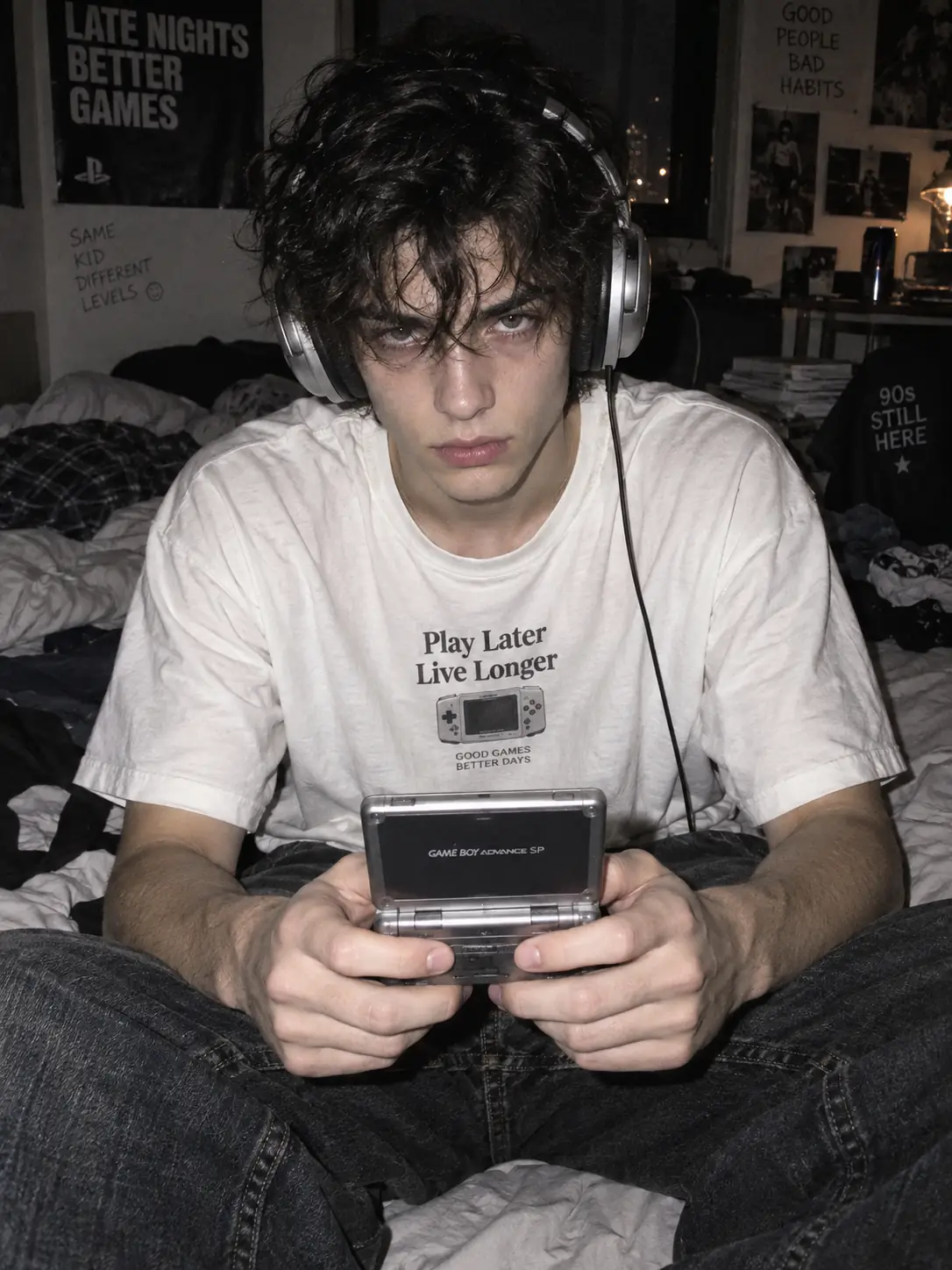 Original portrait of a seated man holding a game controller before a face swap
