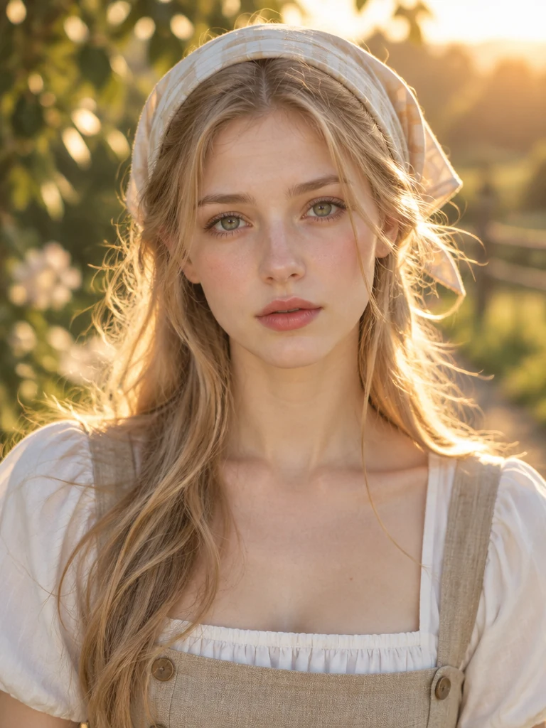 Original blonde woman’s portrait in a sunlit garden before an AI face swap