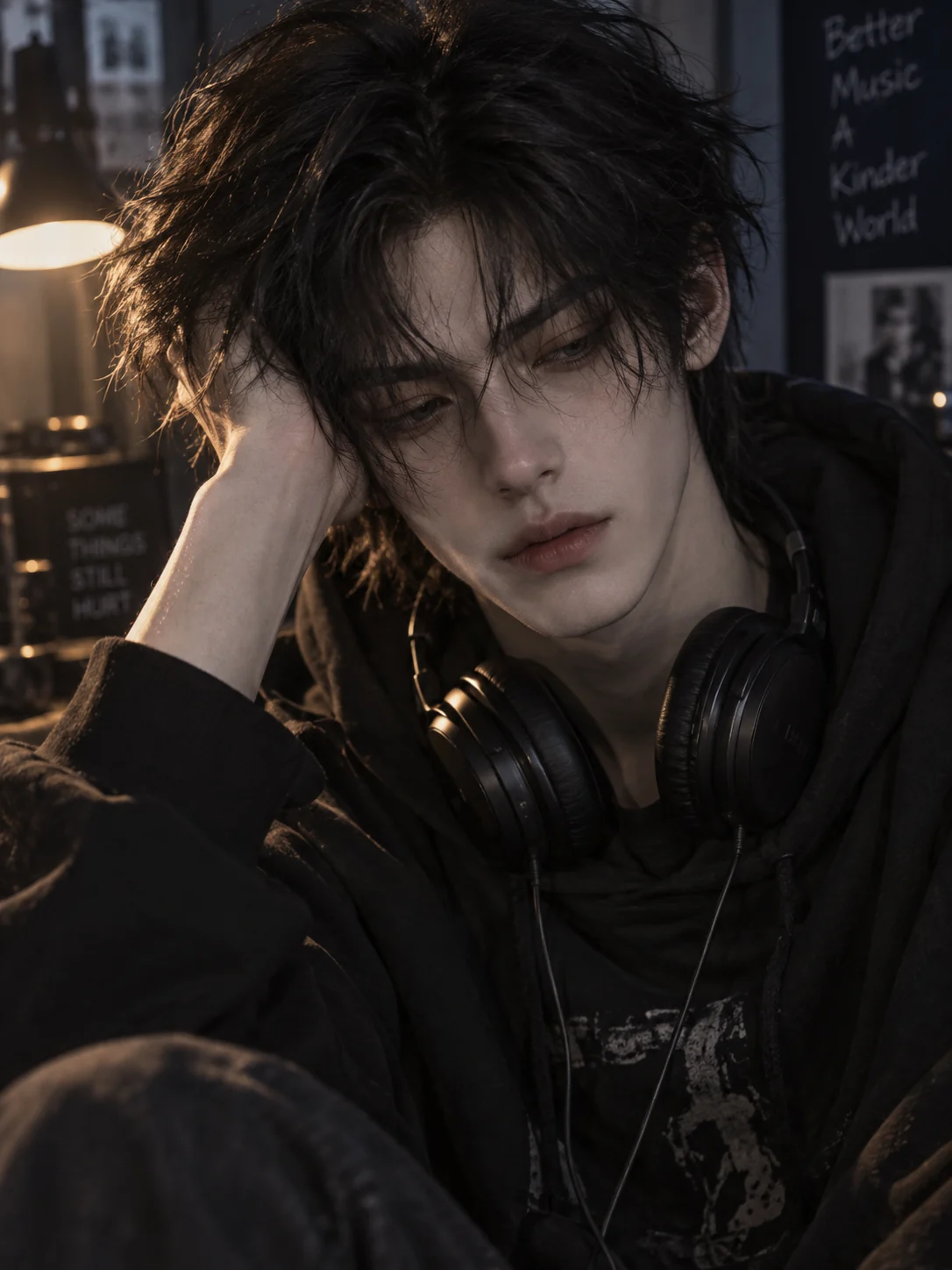 Original portrait of a dark-haired man wearing headphones before an AI face swap