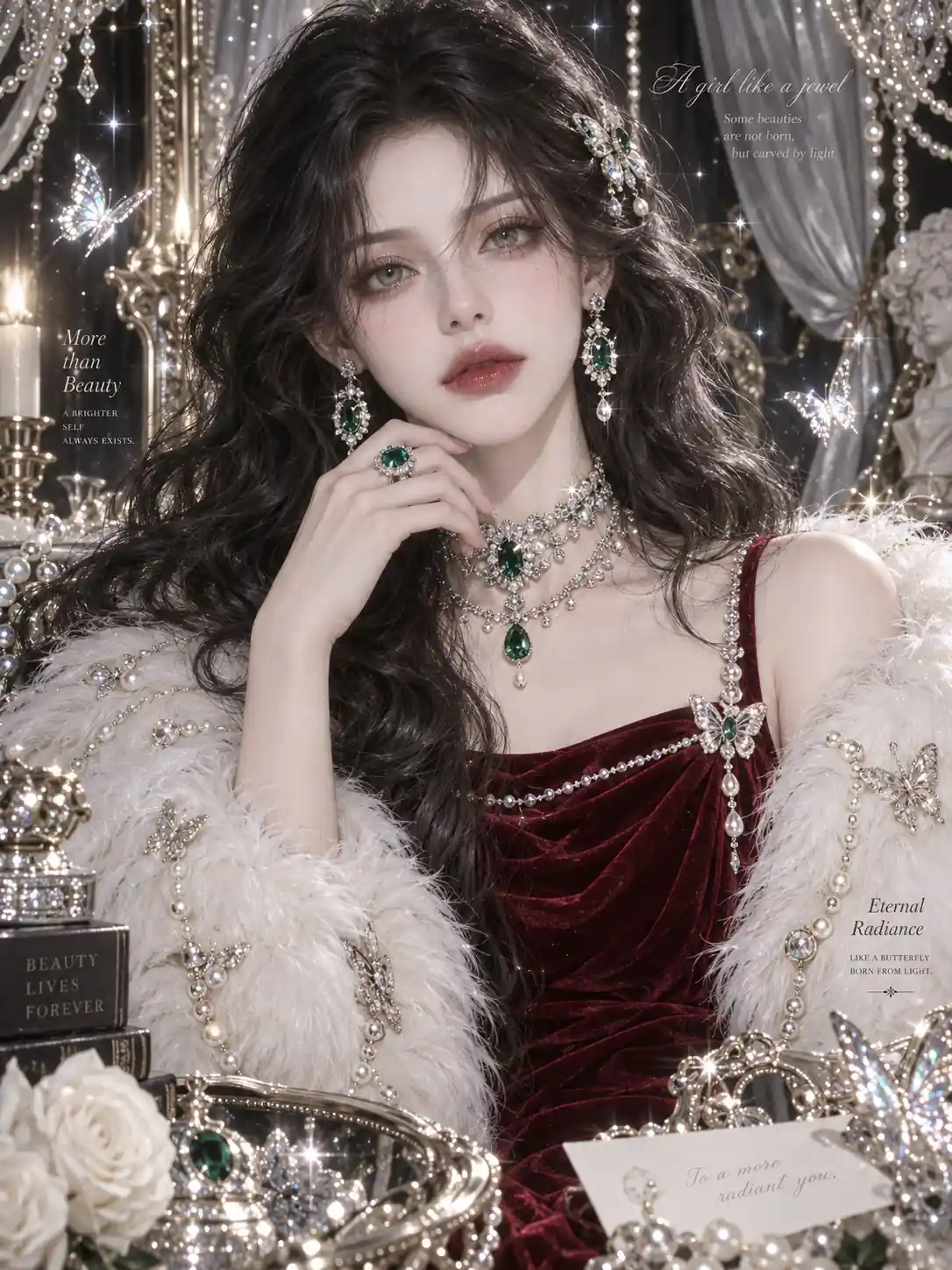 Original fantasy portrait of a woman in a red dress before an AI face swap