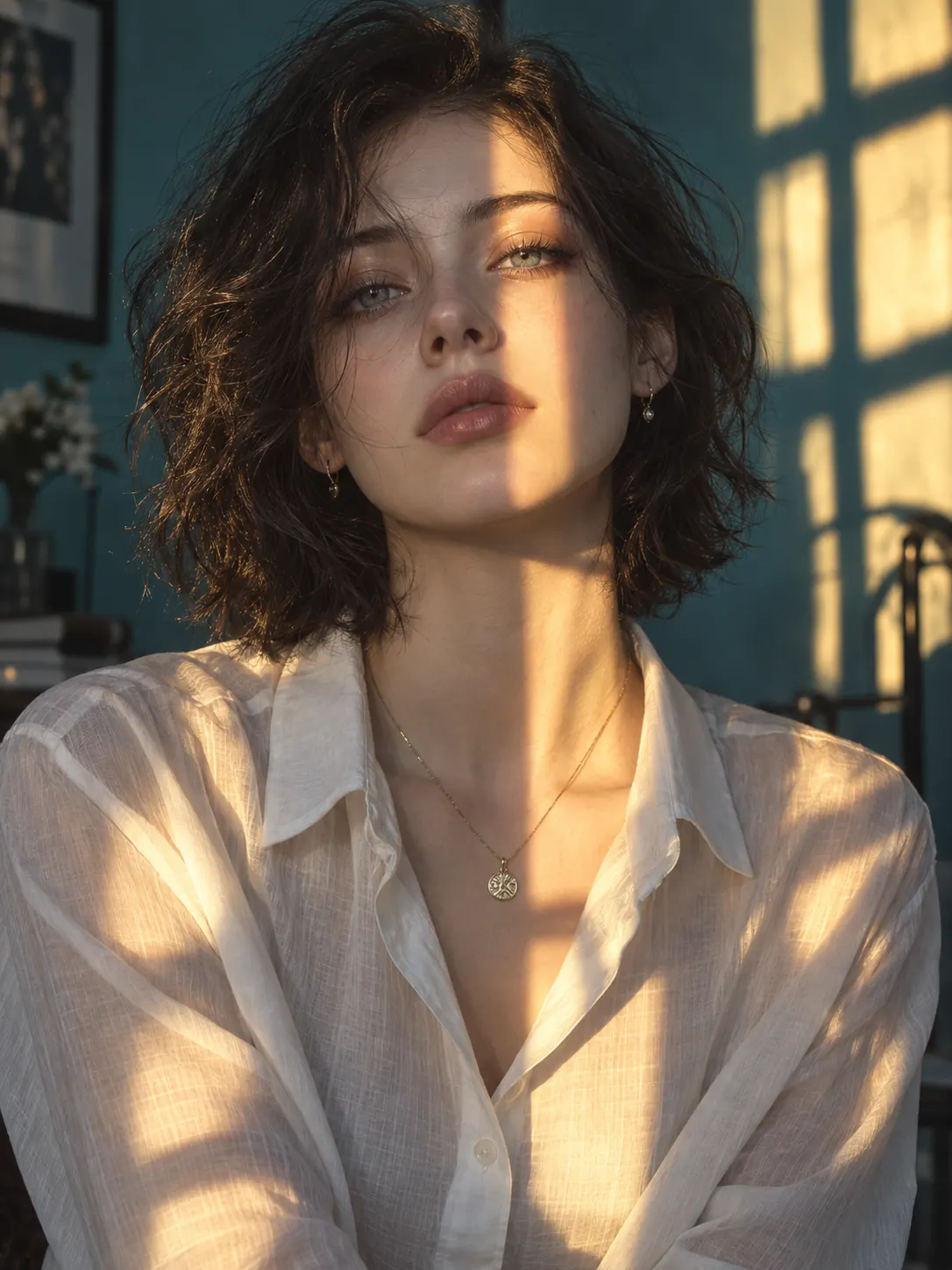 Original sunlit portrait of a woman by a window before an AI face swap