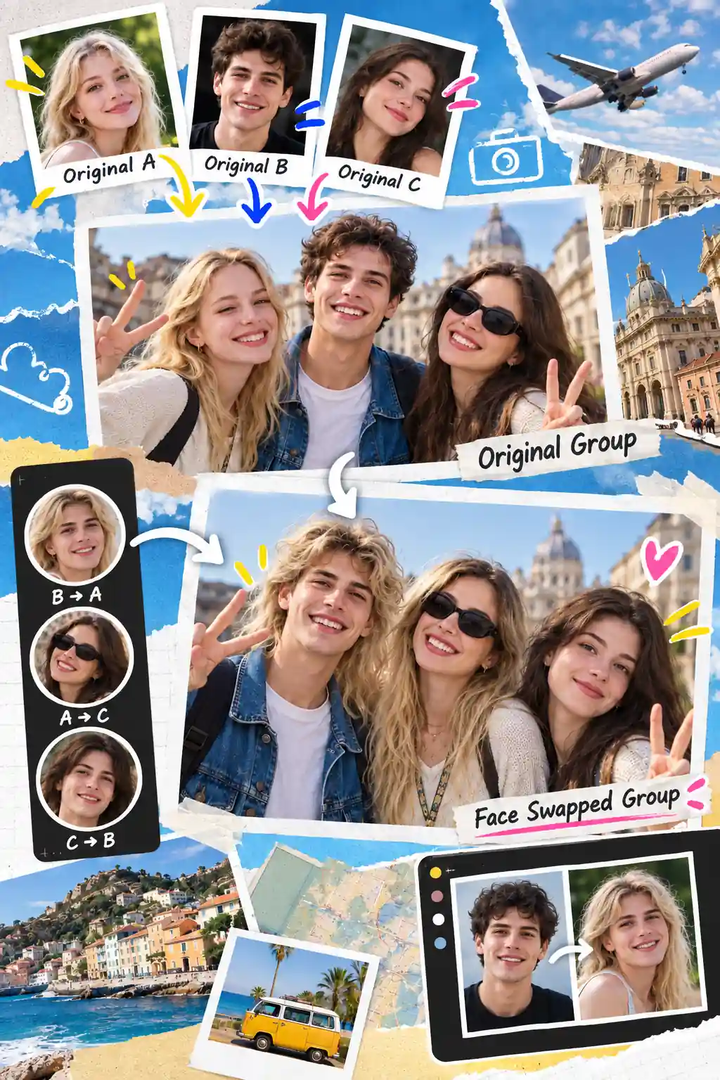 AI face swap collage showing reference portraits, a group photo, and reassigned faces