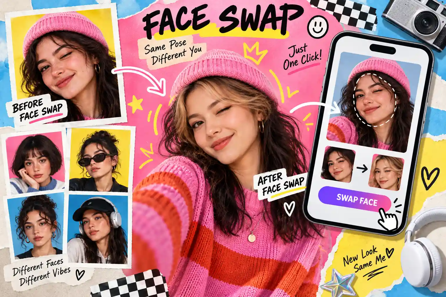 Colorful face swap concept board featuring avatar, profile, and style variations