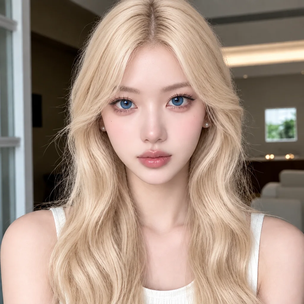 AI face swap result showing a blonde woman in a softly lit home interior