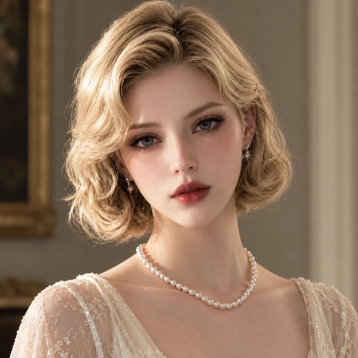 AI face swap result featuring a blonde woman in an elegant classic portrait