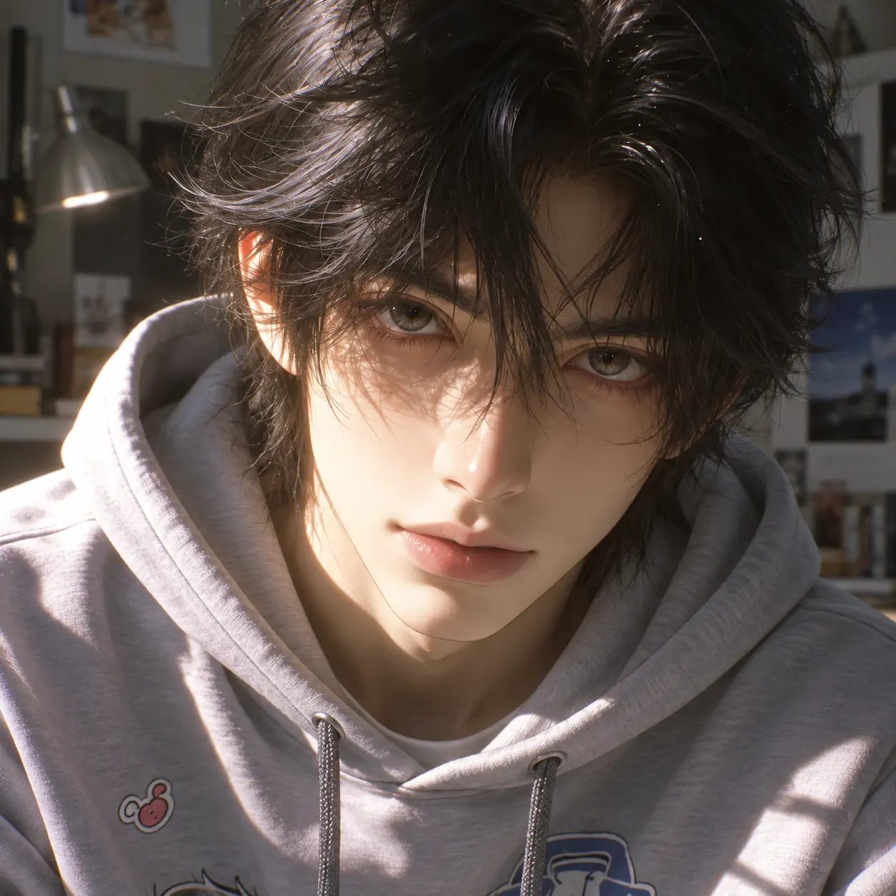 AI face swap result showing a dark-haired man in a gray hoodie against a moody backdrop