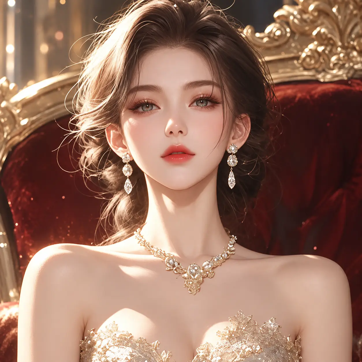 AI face swap result showing an elegant woman in a red dress and ornate setting