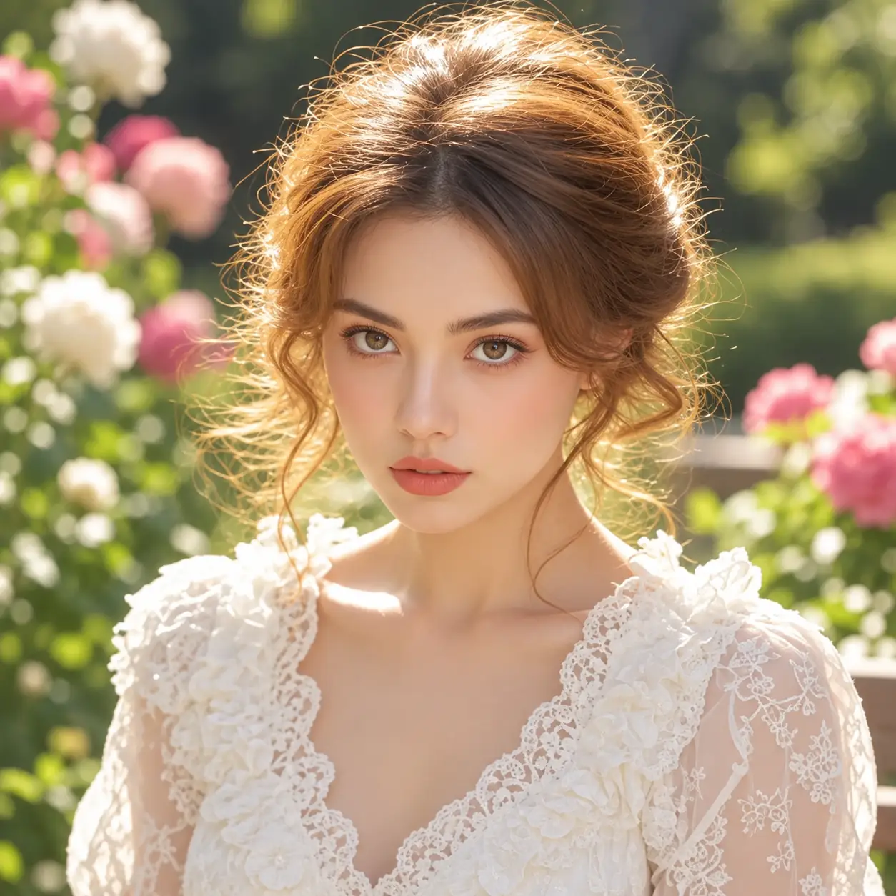 AI face swap result showing a woman in a white dress surrounded by garden flowers