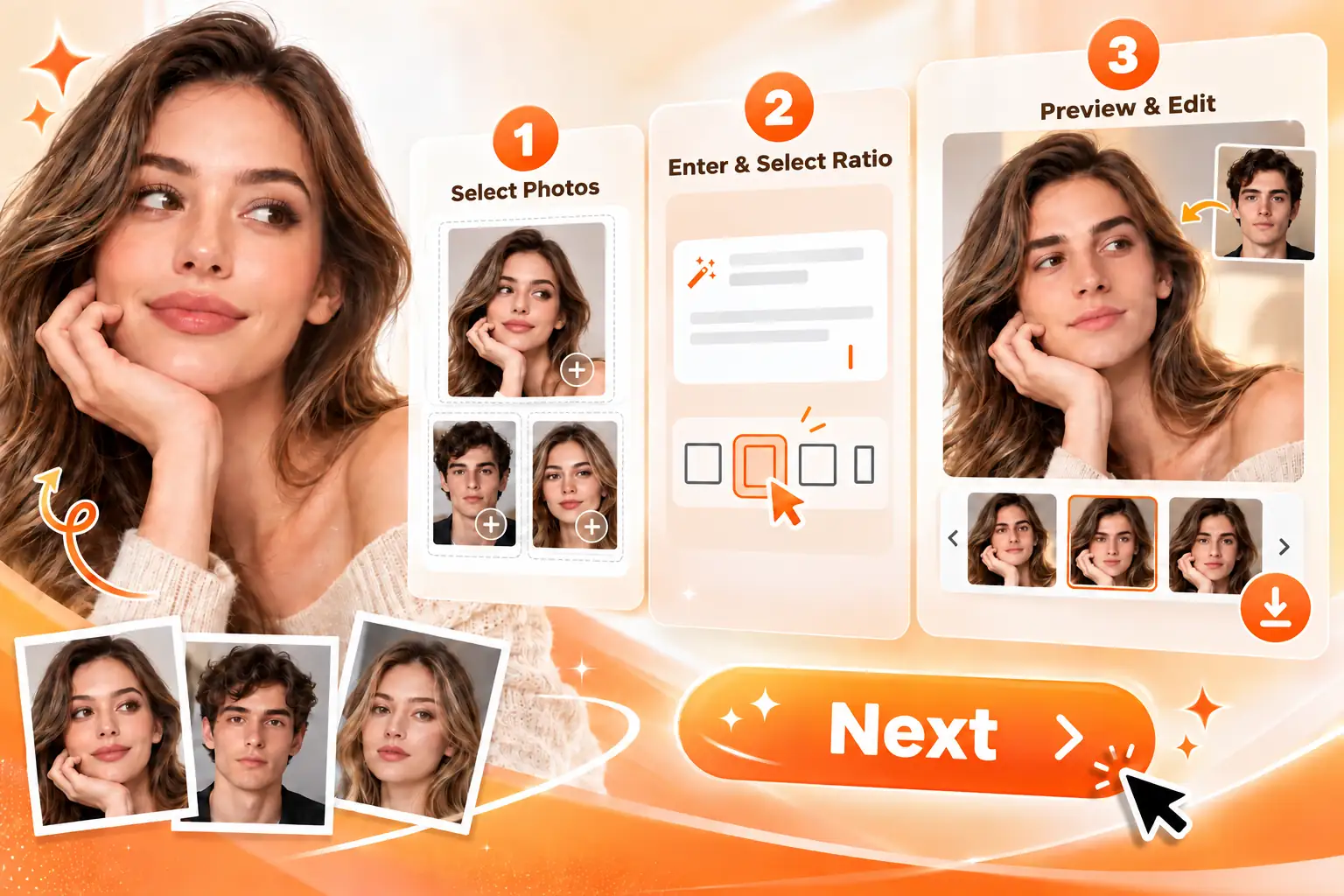 Three-step AI face swap workflow covering upload, face selection, and generation