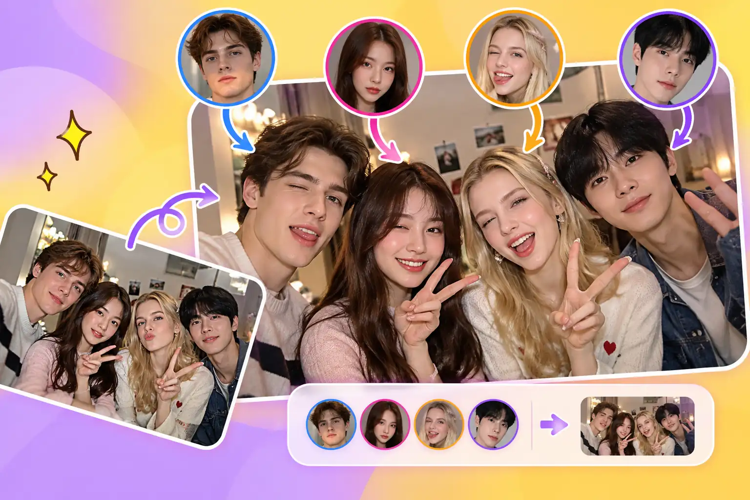 Group portrait demonstrating multiple face swaps assigned to different people