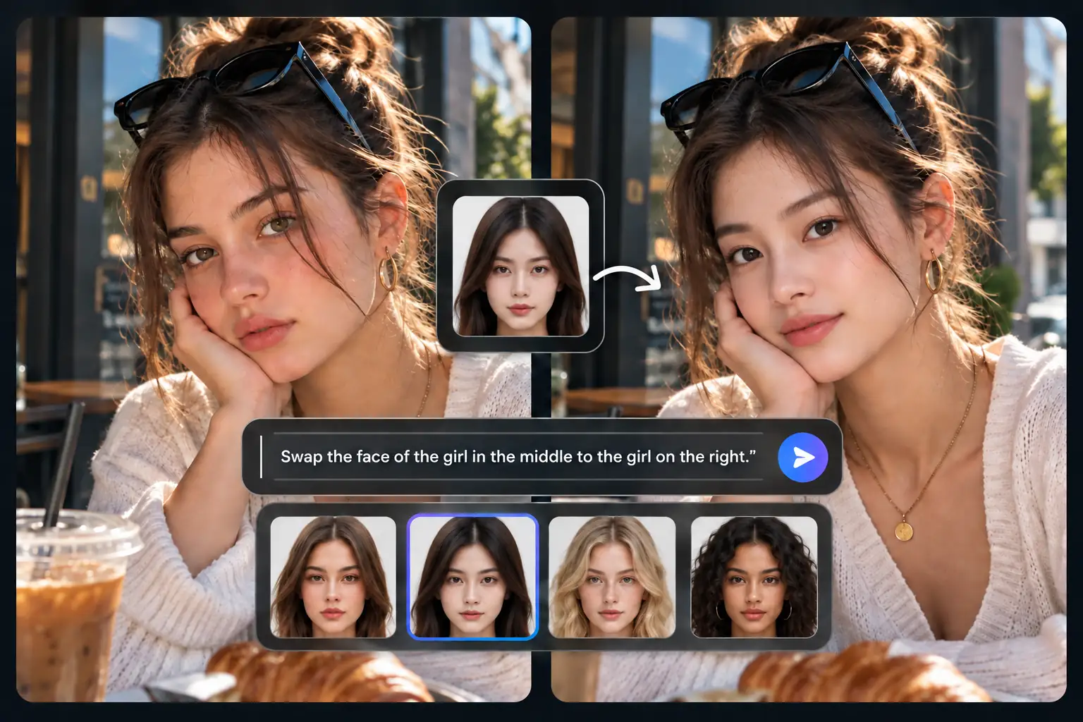 Prompt-guided AI face swap interface with a portrait and selectable reference faces