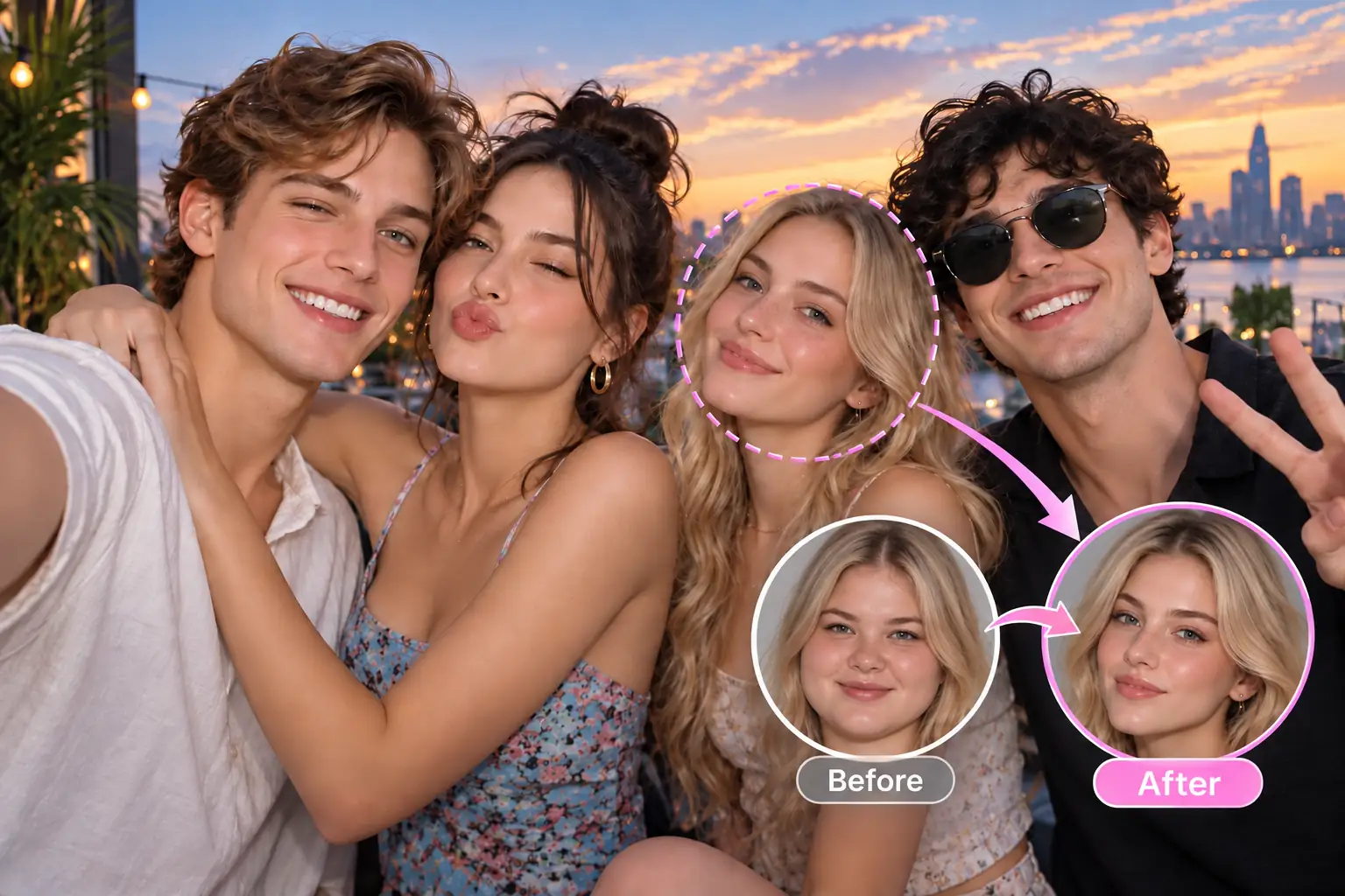 Group selfie demonstrating selective face replacement for one chosen subject