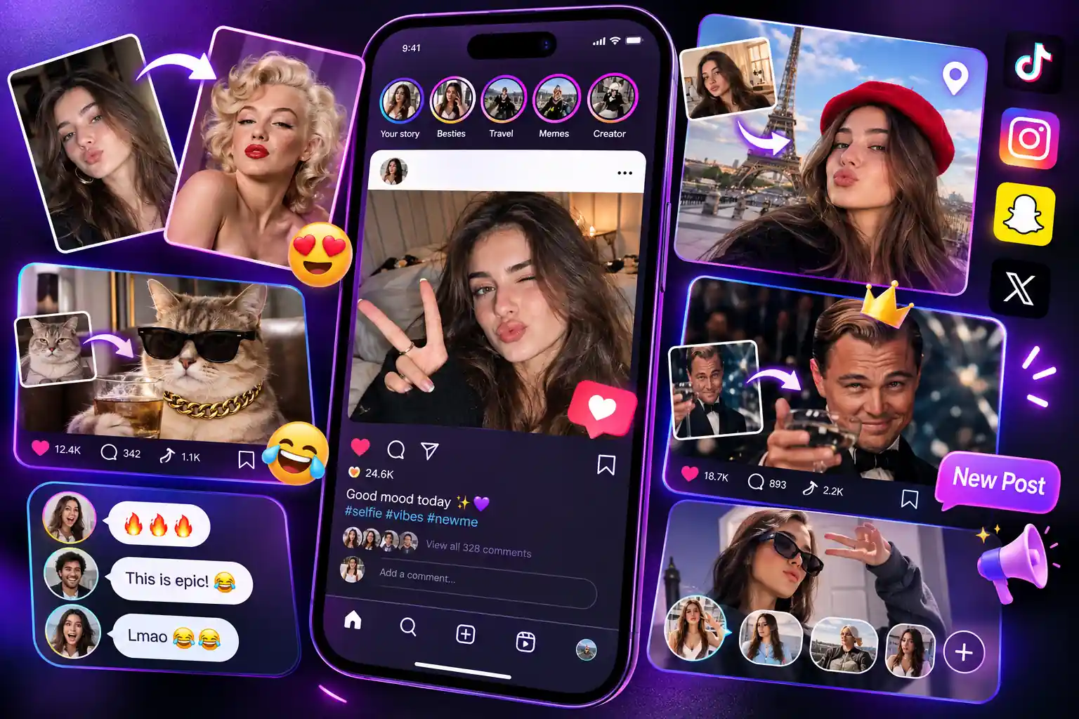 Social media screens displaying face swap videos, reactions, and creator content