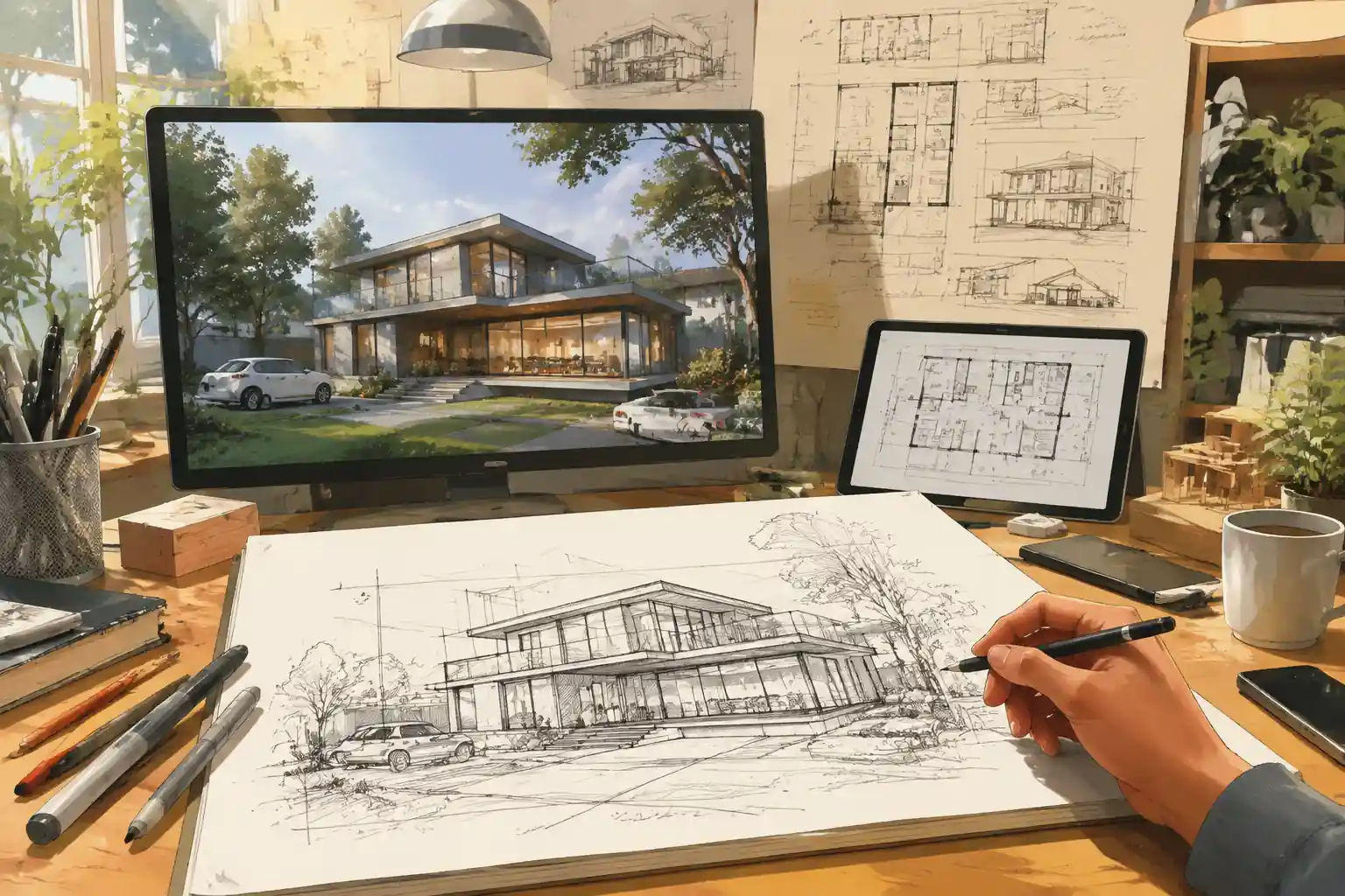 设计桌上由建筑草图转换成的写实房屋渲染图