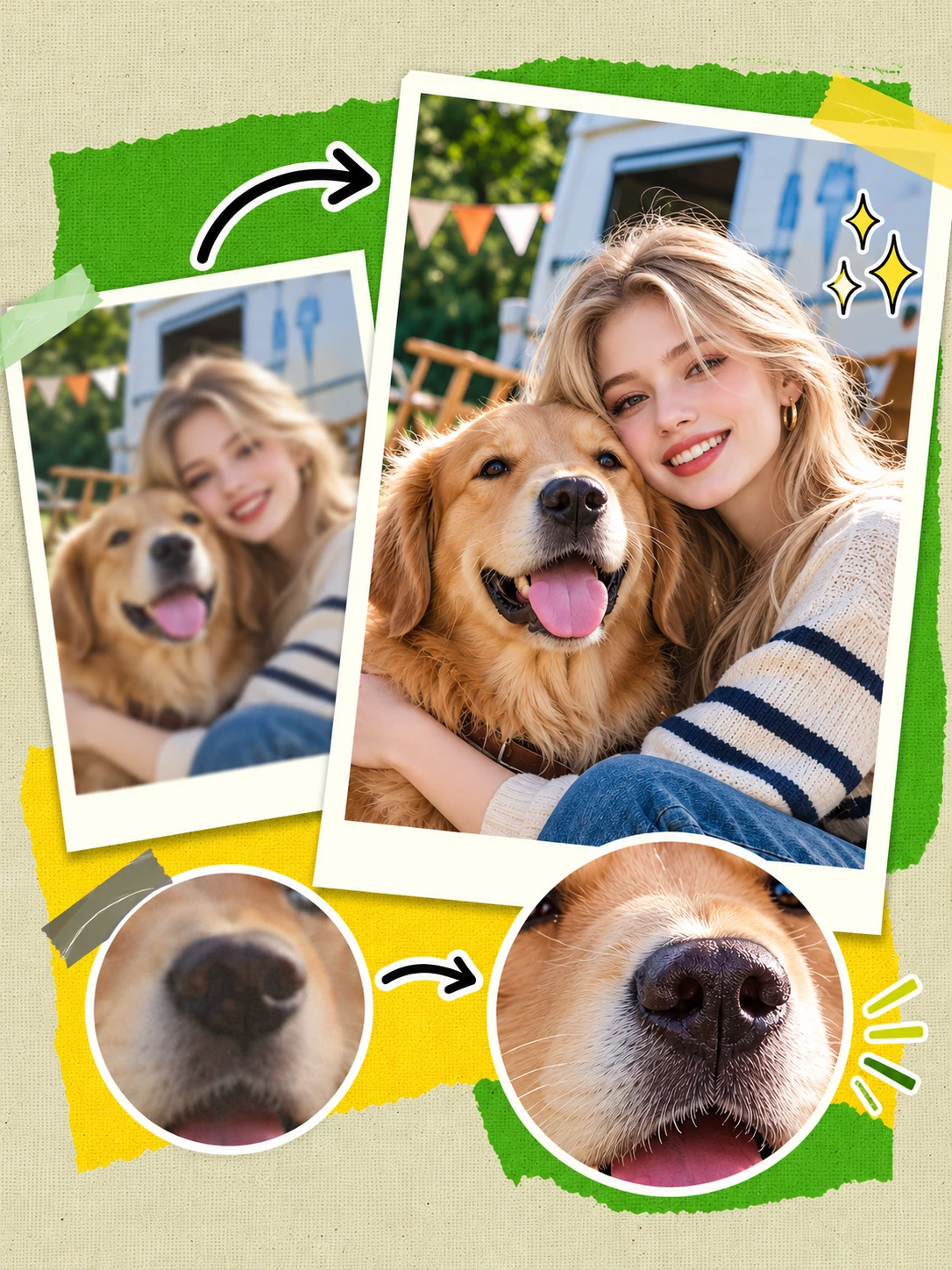 AI image enhancer comparison showing sharper facial details and golden retriever fur.