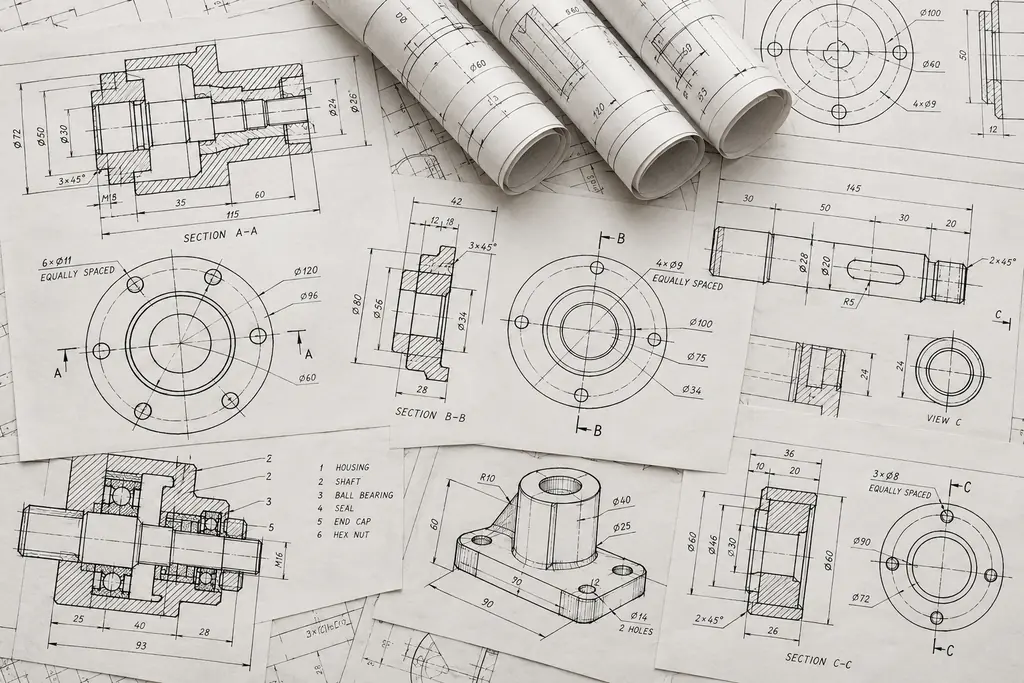 Architectural blueprint with floor plans, circular diagrams, and mechanical line drawings.