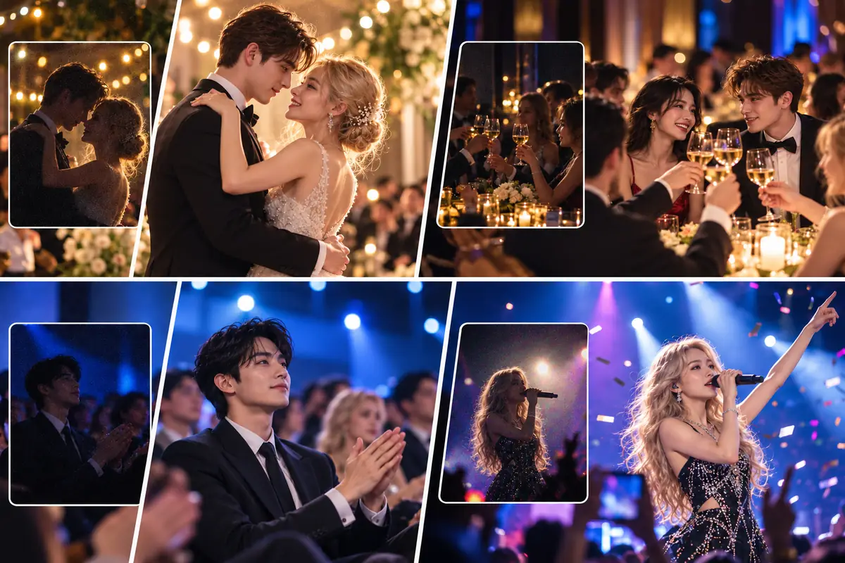 Wedding, dinner, and concert photographs illustrating enhancement for low-light events.