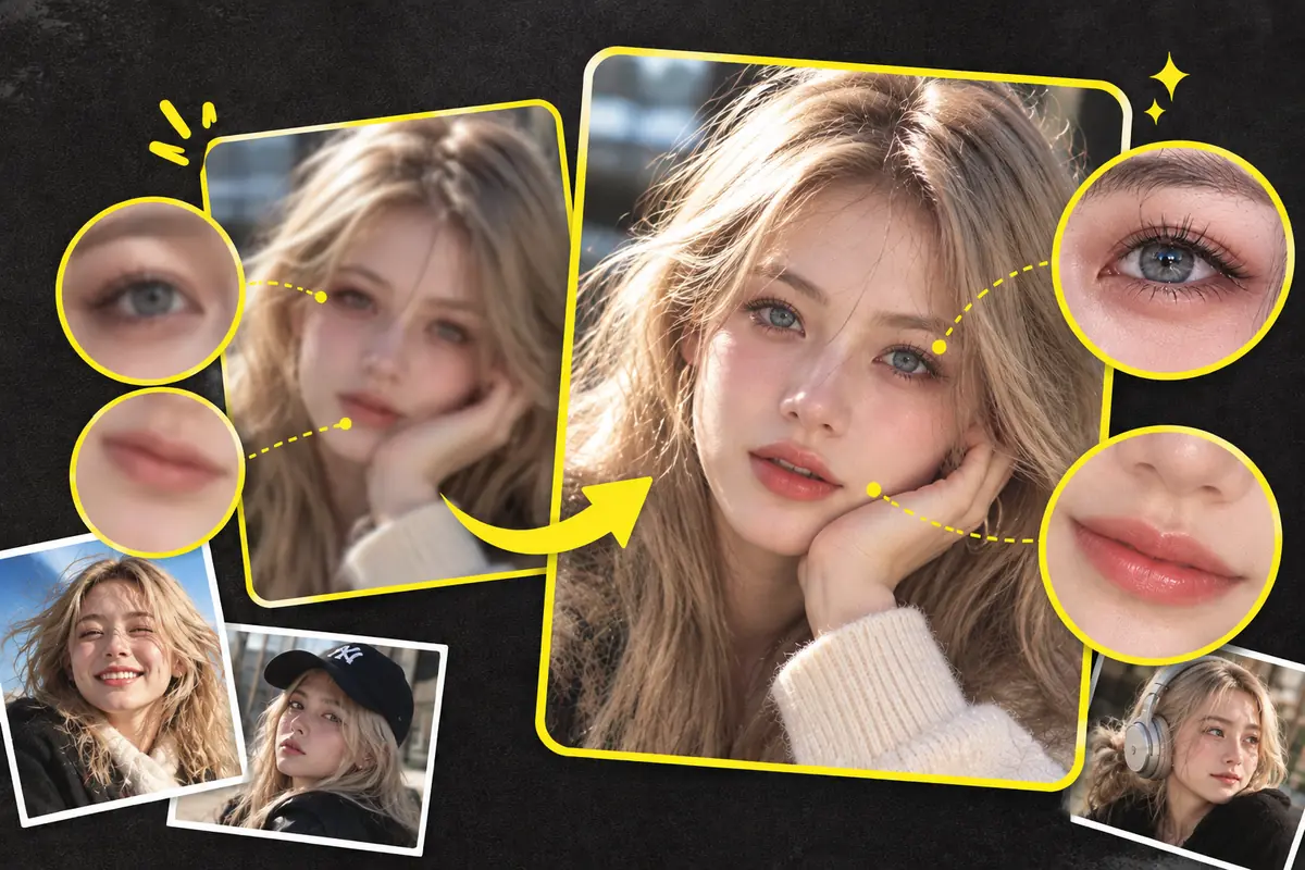 Portrait comparison with enlarged eye and lip details showing clearer facial features.