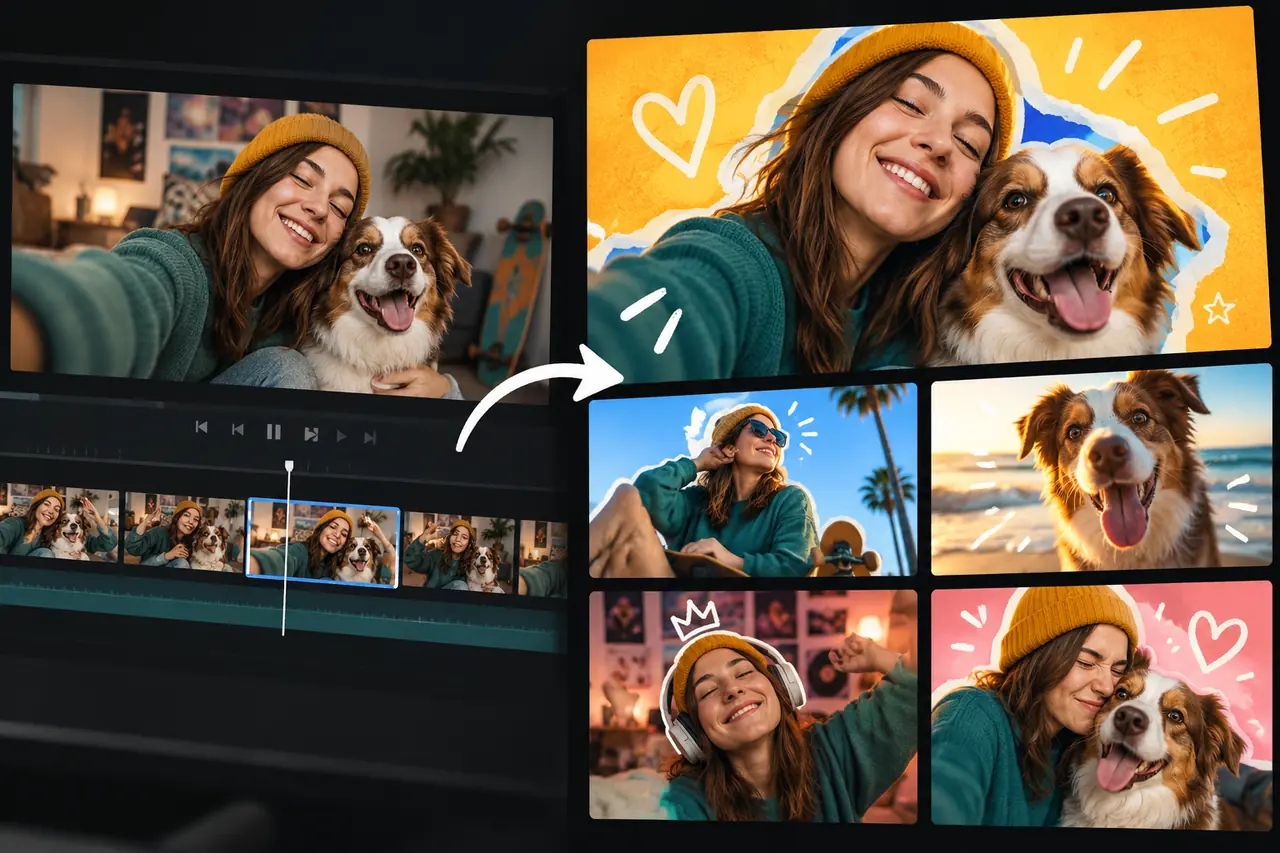 Video editing timeline with a woman and dog transformed into colorful social media thumbnails.