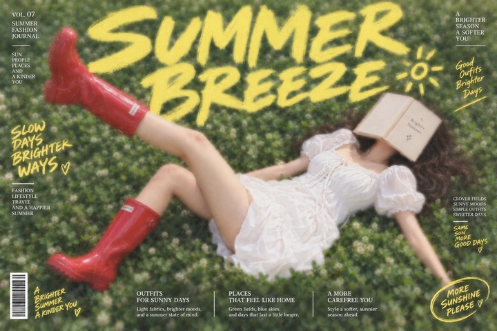 Fashion poster with a woman in red boots on grass and yellow Summer Breeze lettering.