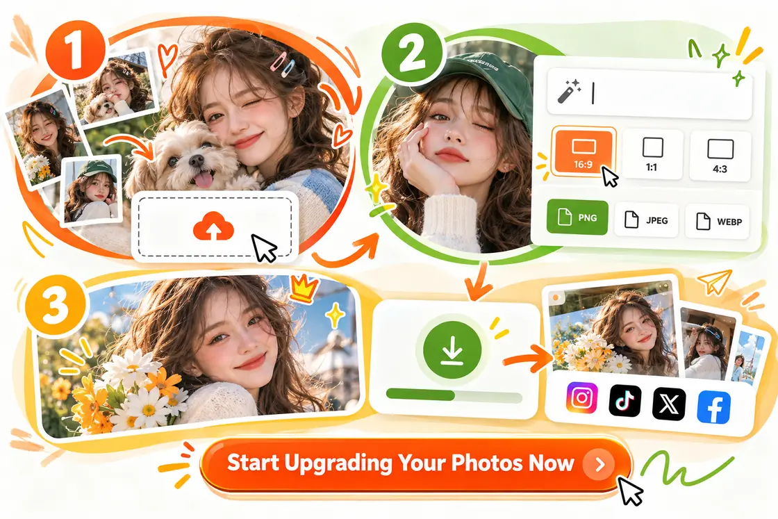 Three-step photo enhancement workflow showing upload, prompt settings, and result download.