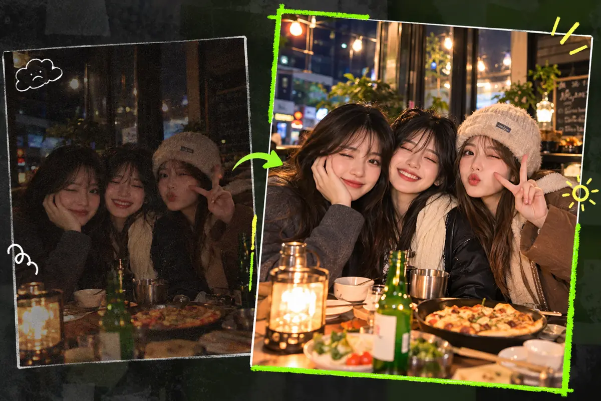 Low-light group photo comparison showing brighter faces and clearer details at a candlelit table.