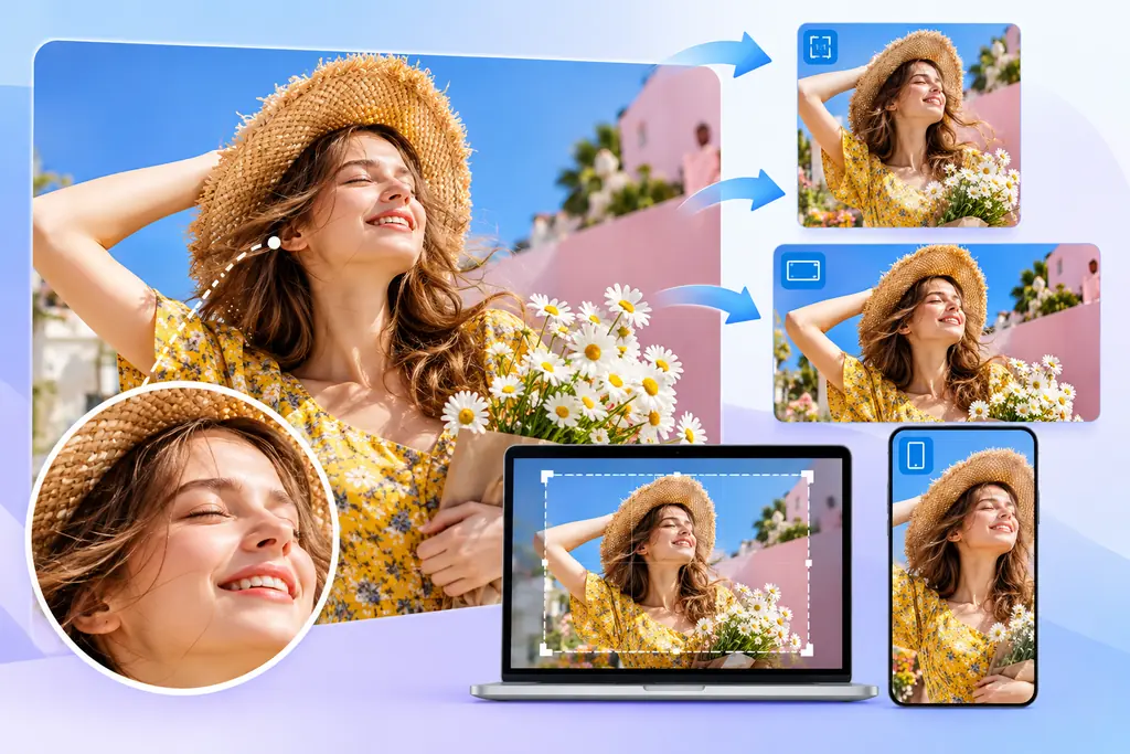 Portrait photo adapted to landscape, square, and vertical formats for multiple devices.