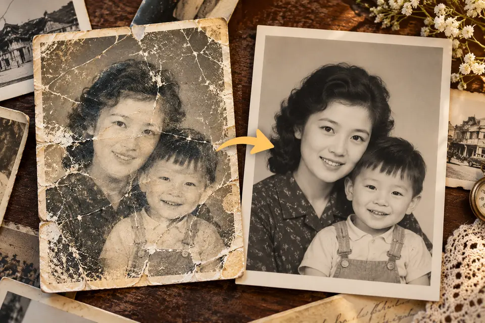 Scratched mother-and-child photograph compared with a restored version with clearer faces.