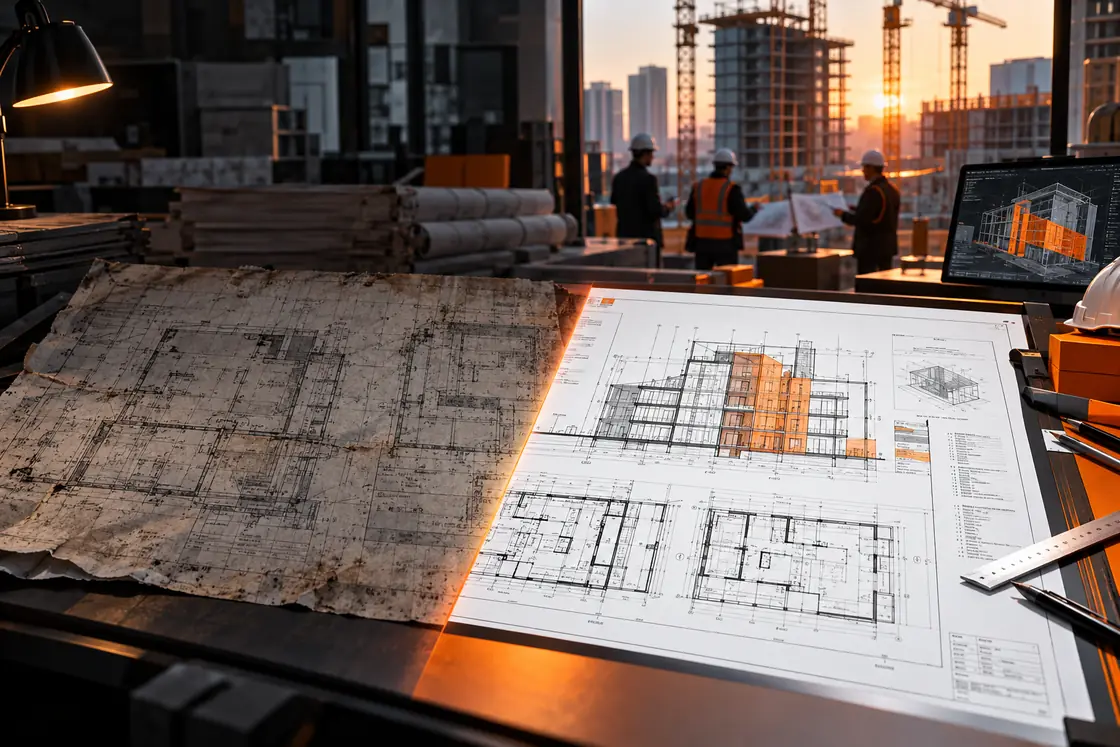 Architectural plans on a drafting desk with construction drawings and a building site behind them.