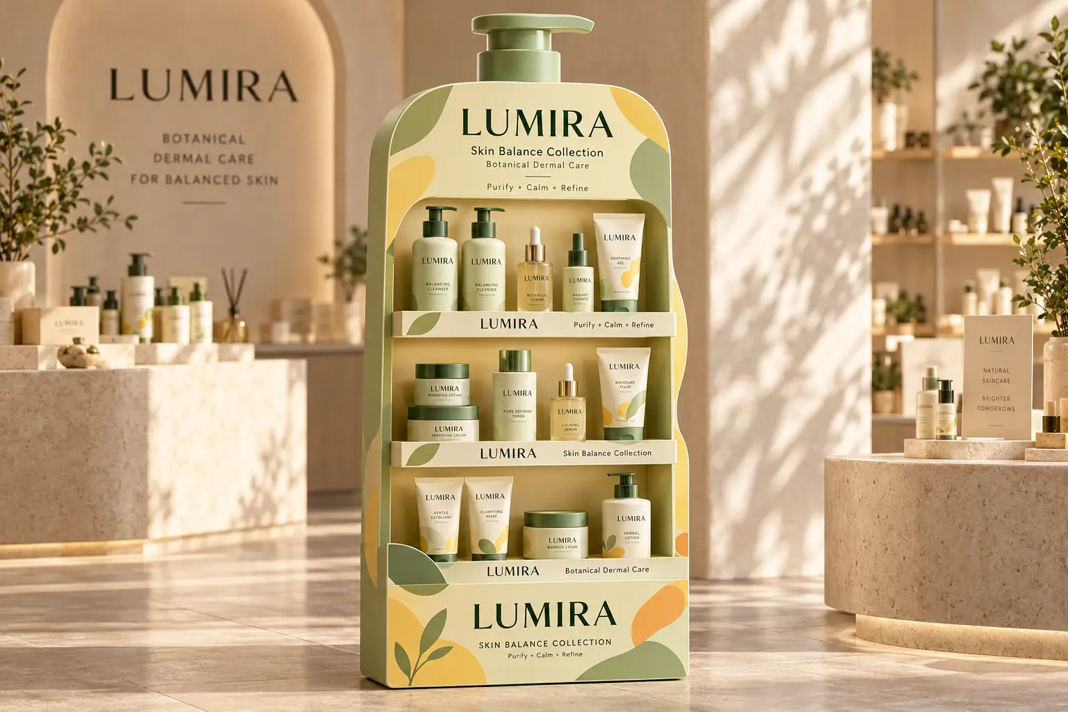 Enhanced skincare product display showing clearer packaging text, bottles, and display details.