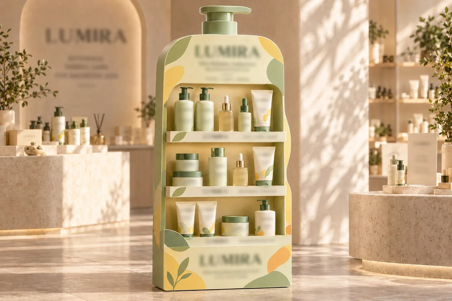 Skincare products and packaging arranged on a green retail display in warm sunlight.