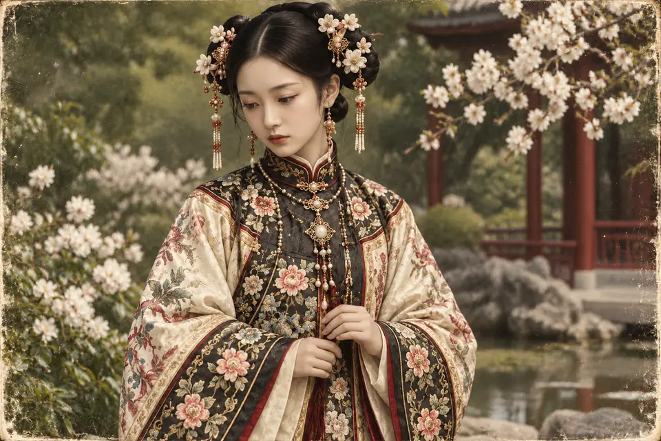 Enhanced garden portrait showing colorful robe embroidery and clearer facial and floral details.
