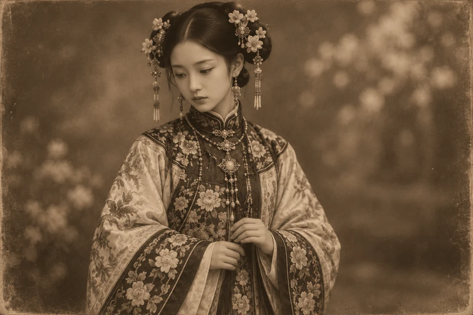 Woman in an embroidered traditional robe standing beside flowering branches in a garden.