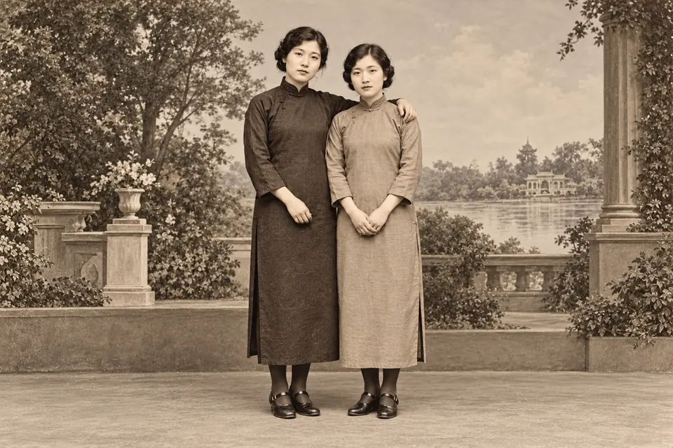 Restored vintage couple portrait with clearer faces and clothing and reduced surface scratches.