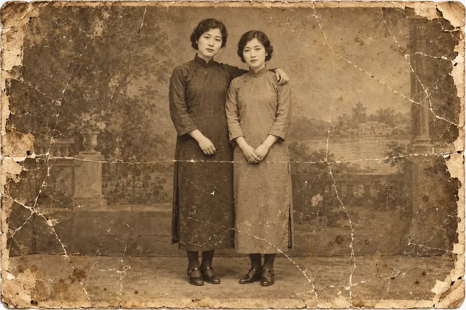 Vintage portrait of a couple standing in a garden, with scratches and faded surface details.