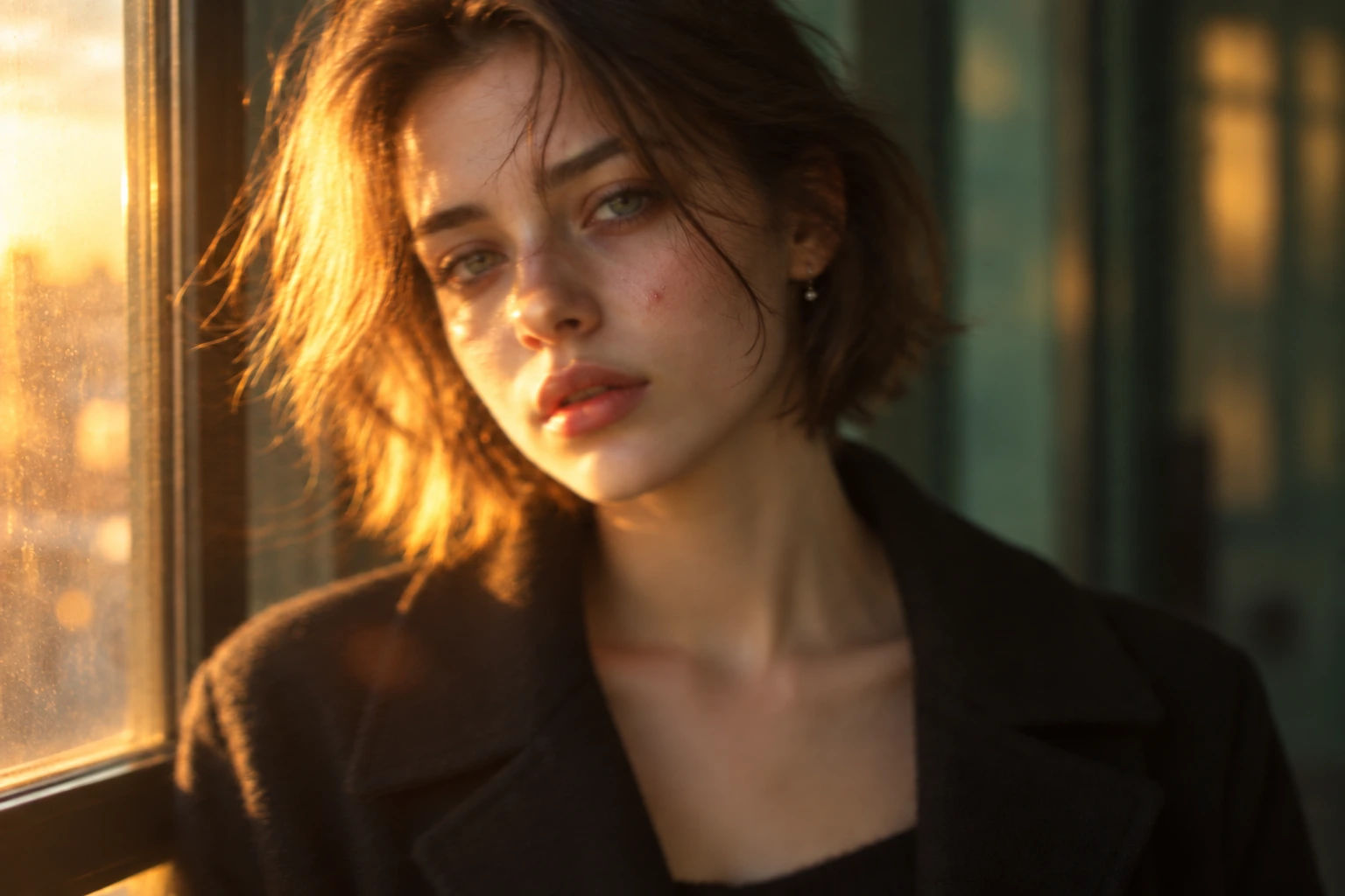 Woman with short hair beside a window in warm evening light, with soft facial details.